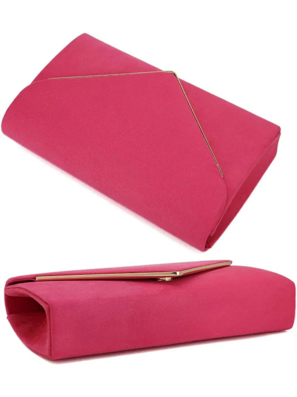 👜 Women's Fuchsia Faux Suede Clutch Bag Elegant Metal Binding Evening Purse